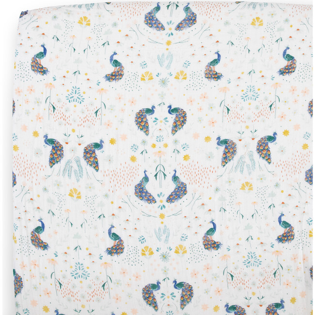 Cotton Print Muslin Standard-Size Crib Sheet, Peacock