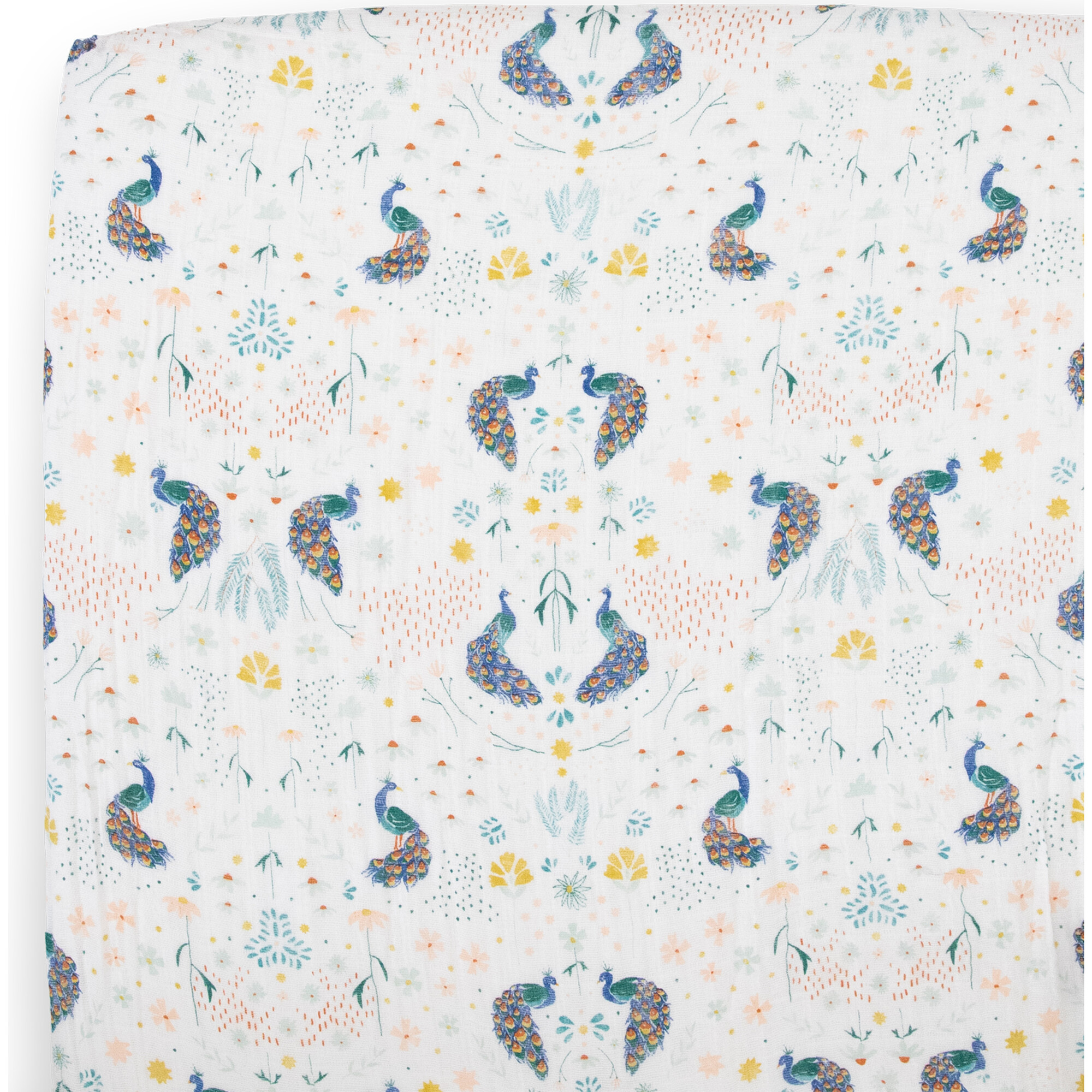 Cotton Print Muslin Standard-Size Crib Sheet, Peacock - Crib Sheets - 1