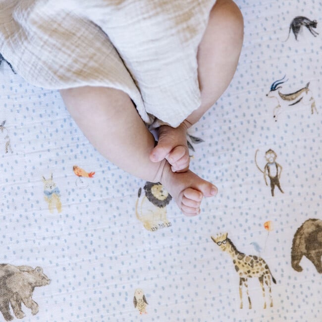 Cotton Print Muslin Standard-Size Crib Sheet, Party Animals - Crib Sheets - 6