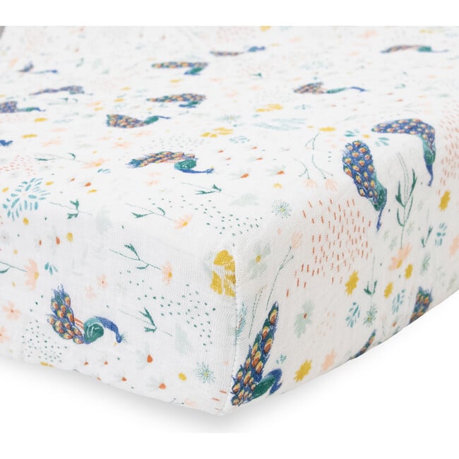 Cotton Print Muslin Standard-Size Crib Sheet, Peacock - Crib Sheets - 2