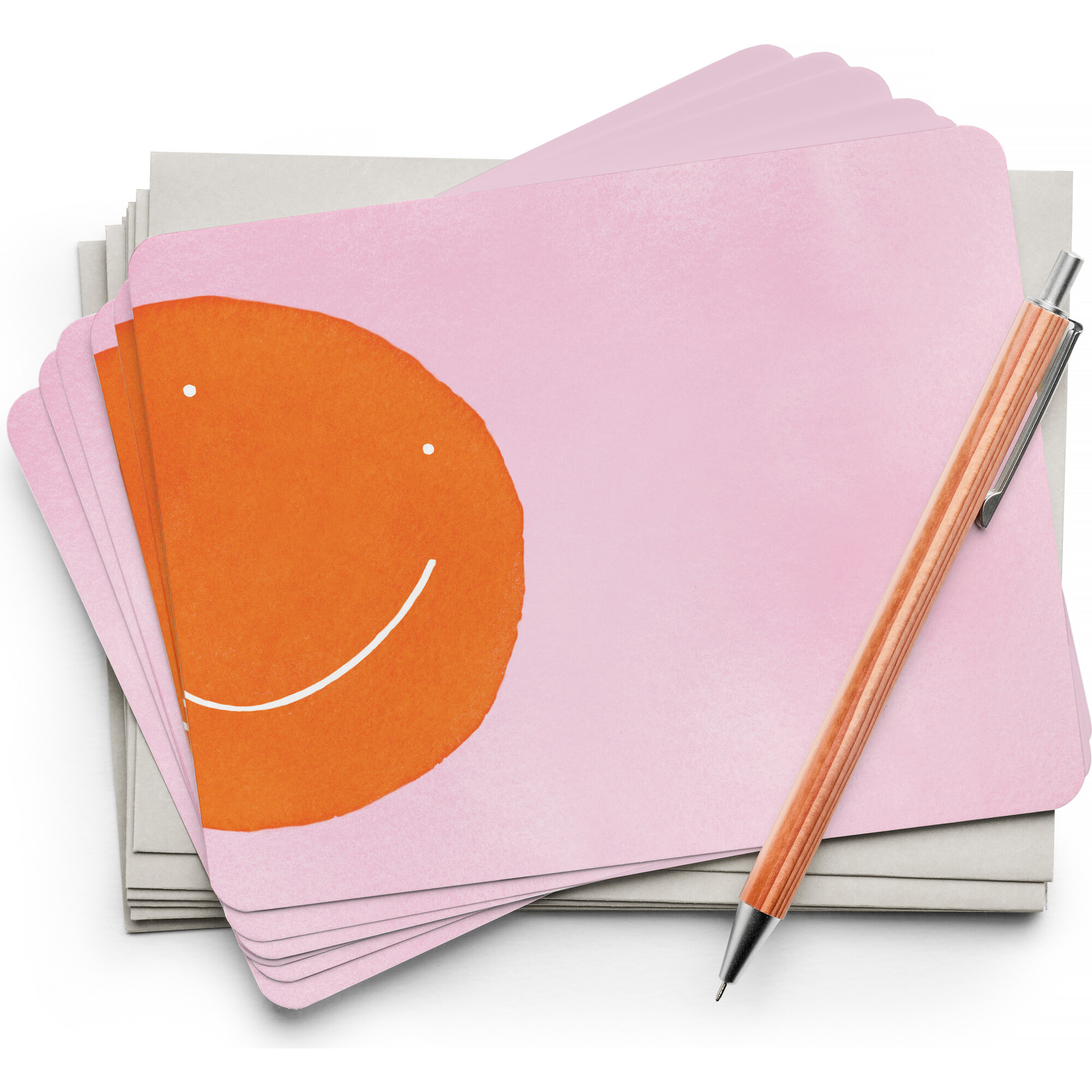 Set of 8 Flat Notecards, Orange Smiley - Paper Goods - 1