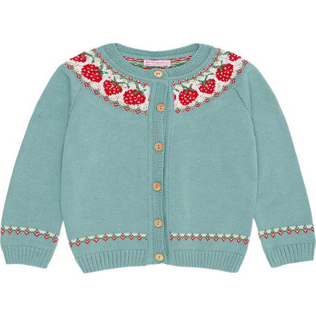 Fresa Baby Girl Strawberry Cotton Knit Cardigan, Green - Cardigans - 1