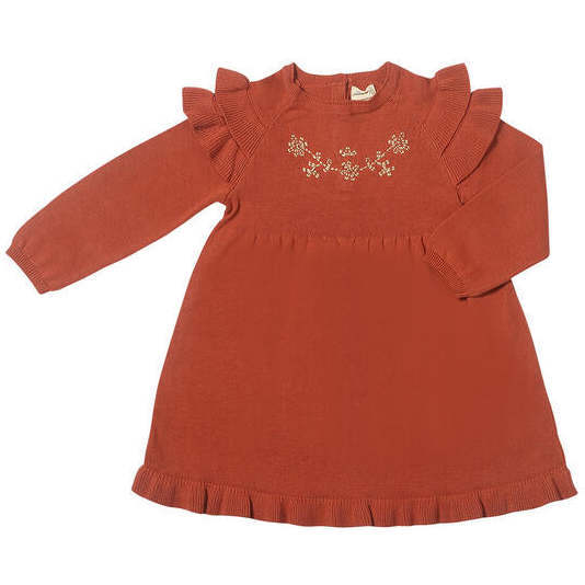 Ysella Embroidered Frill Shoulder Knit Dress, Rust