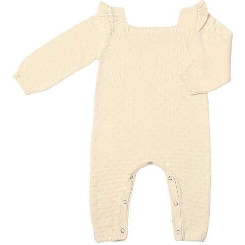 Marcie Ribbed Cuff Square Neck Knit Romper, Ivory - Rompers - 1