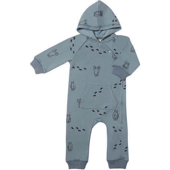 Parker Yeti Print Long Sleeve Front Pocket Hooded Romper, Blue