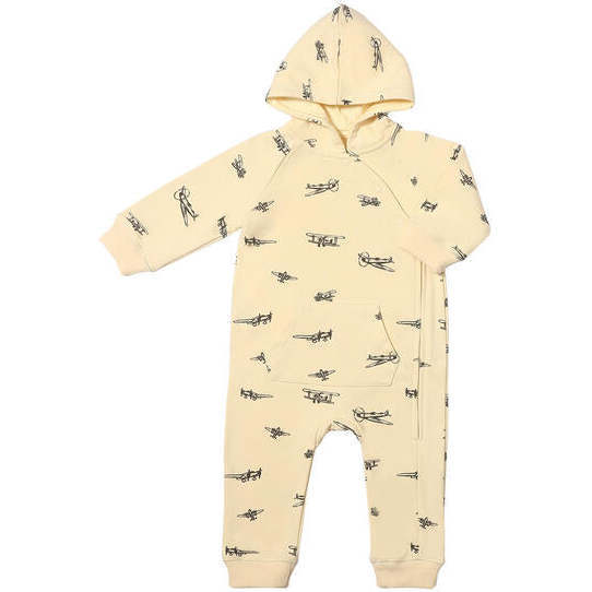 Parker Airplane Print Long Sleeve Front Pocket Hooded Romper, Cream