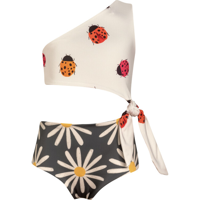 Abi Ladybugs Print Cutout Knot One Shoulder Trikini, White