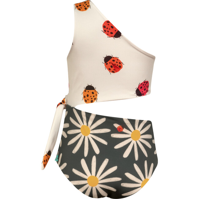 Abi Ladybugs Print Cutout Knot One Shoulder Trikini, White - One Pieces - 3