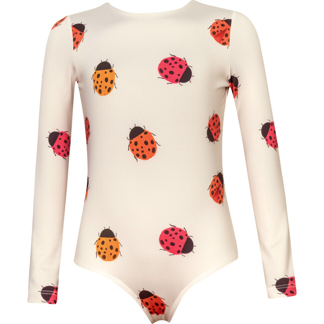 Sun Ladybugs Print Long Sleeve One-Piece Swimsuit, White