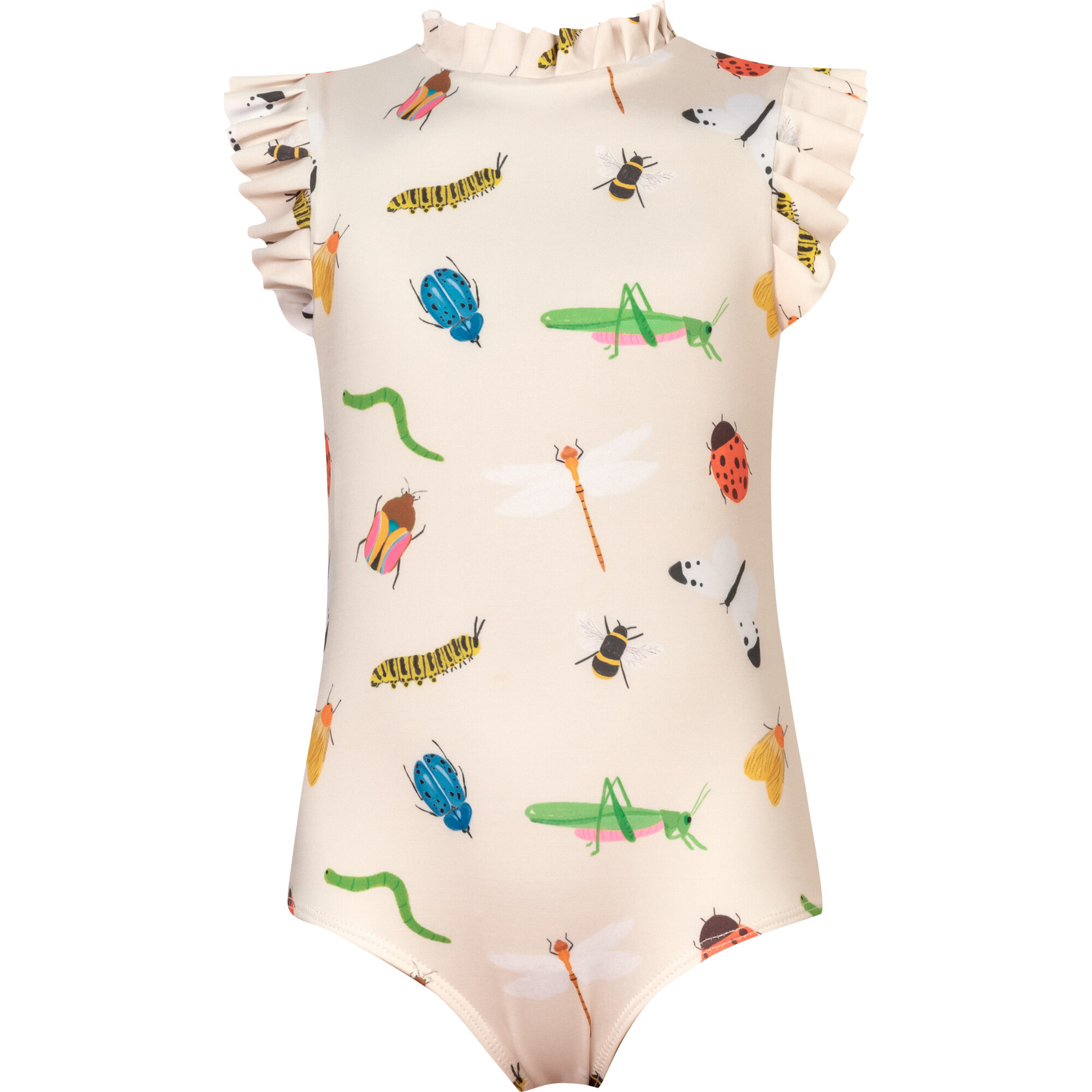 Alisson Insects Print Short Sleeve Ruffle Neck One-Piece Swimsuit, White - One Pieces - 1