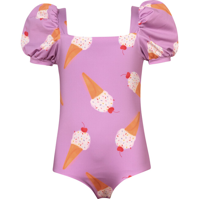 Bubble Ice Cream Print Short Puff Sleeve One-Piece Swimsuit, Lilac