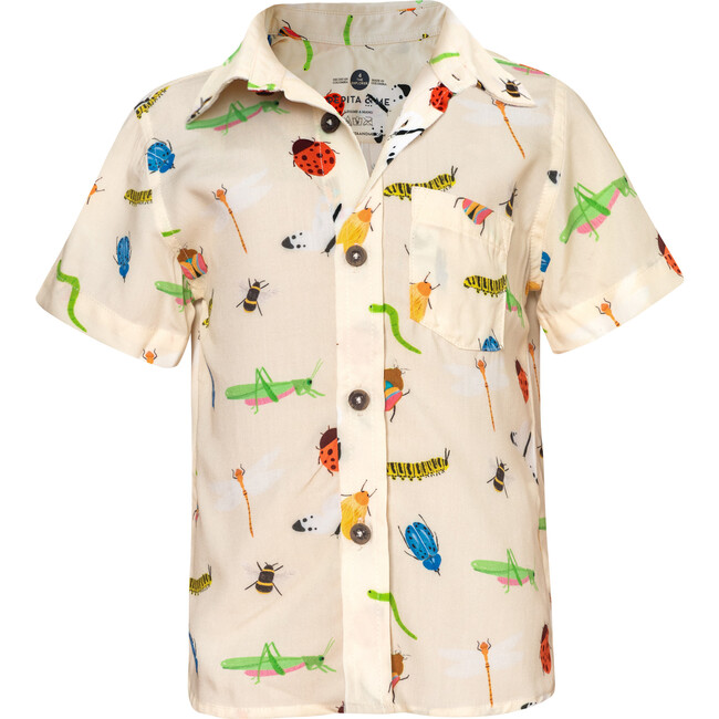 Guayabera Insects Print Tropical Short Sleeve Shirt, White