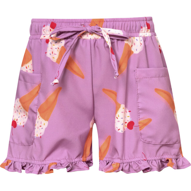 Picnic Ice Cream Print Elastic Waist Pocket Shorts, Lilac