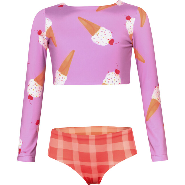 Sun Ice Cream Print Long Sleeve Top & Reversible Bottom Bikini, Lilac