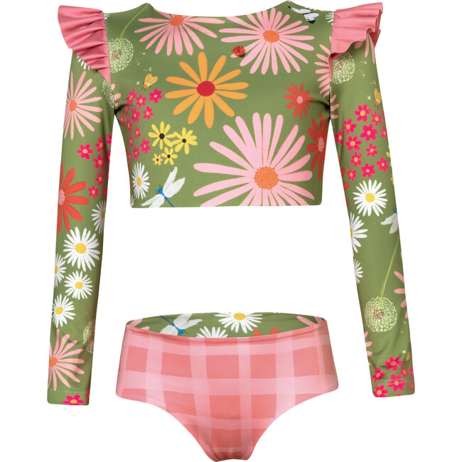 Wings Garden Print Long Sleeve Top & Reversible Bottom Bikini, Green