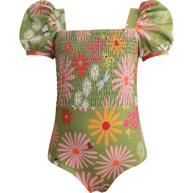 Waffle Garden Print Short Puff Sleeve One-Piece Swimsuit, Green