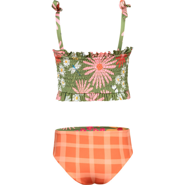 Waffle Garden Print Ruched Top & Reversible Bottom Bikini, Green - Two Pieces - 3