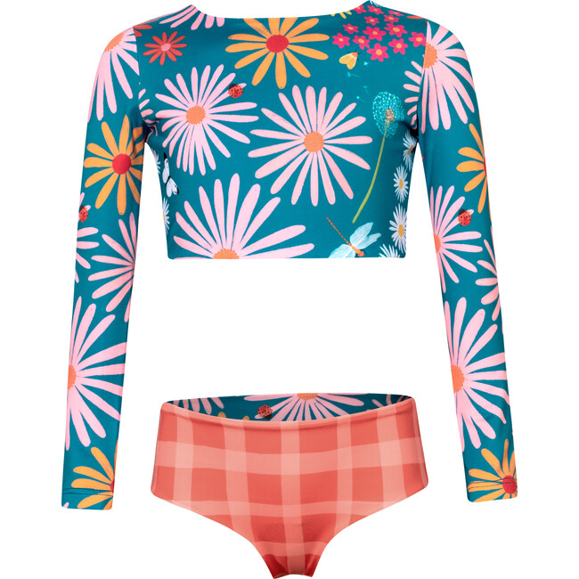 Sun Garden Print Long Sleeve Top & Reversible Bottom Bikini, Blue