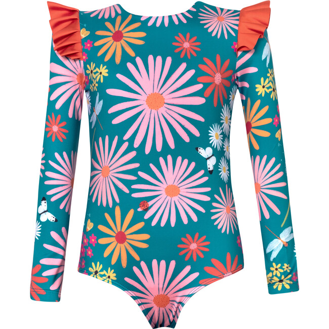 Wings Garden Print Long Sleeve One-Piece Swimsuit, Blue