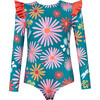 Wings Garden Print Long Sleeve One-Piece Swimsuit, Blue - One Pieces - 1 - thumbnail