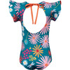 Dayana Garden Print Flounce Sleeve One-Piece Swimsuit, Blue - One Pieces - 3