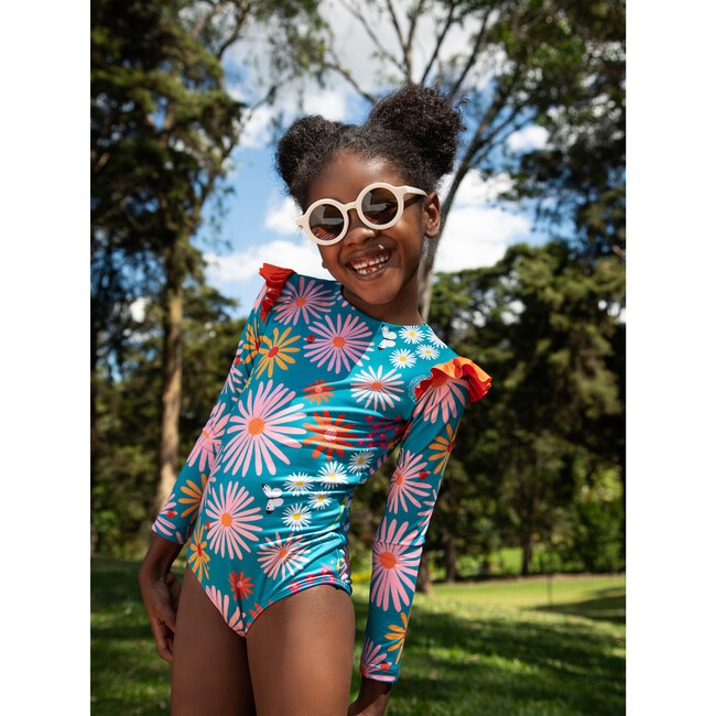 Wings Garden Print Long Sleeve One-Piece Swimsuit, Blue - One Pieces - 2