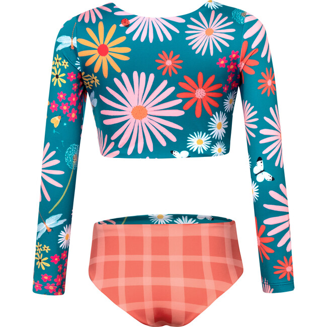 Sun Garden Print Long Sleeve Top & Reversible Bottom Bikini, Blue - Two Pieces - 3