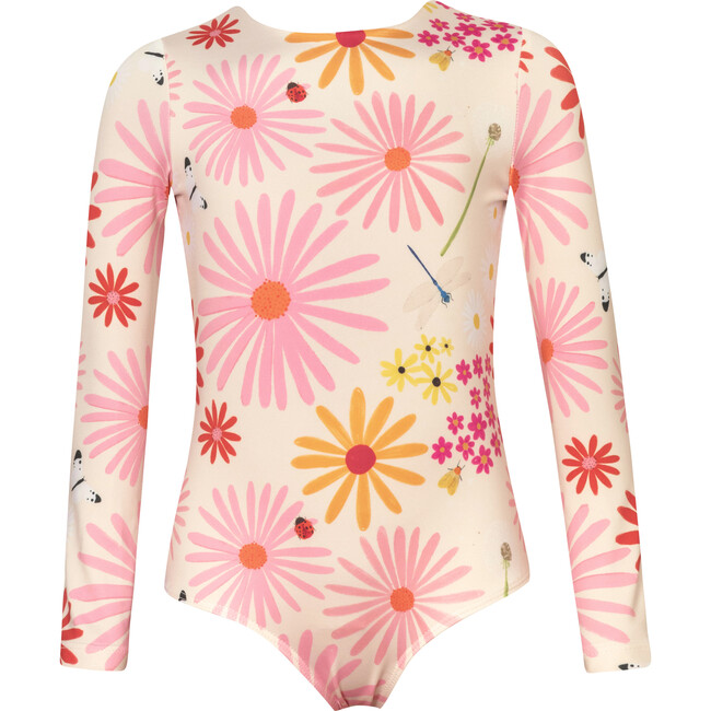 Sun Garden Print Long Sleeve One-Piece Swimsuit, Pink