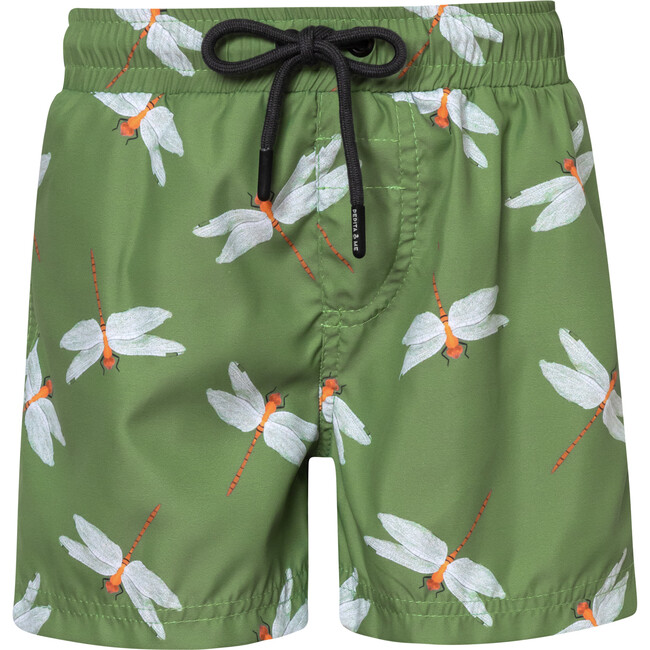 Dragon-Fly Print Elastic Waist Drawstring Swimshorts, Green