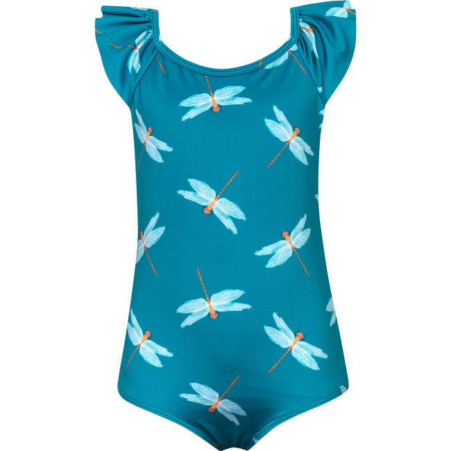 Dragon-Fly Print Short Sleeve Ruffle Neck One-Piece Swimsuit, Blue