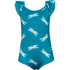 Dragon-Fly Print Short Sleeve Ruffle Neck One-Piece Swimsuit, Blue - One Pieces - 1 - thumbnail