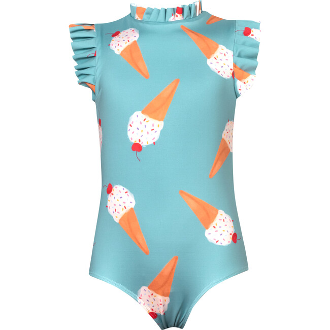 Alisson Ice Cream Print Short Sleeve Ruffle Neck One-Piece Swimsuit, Blue