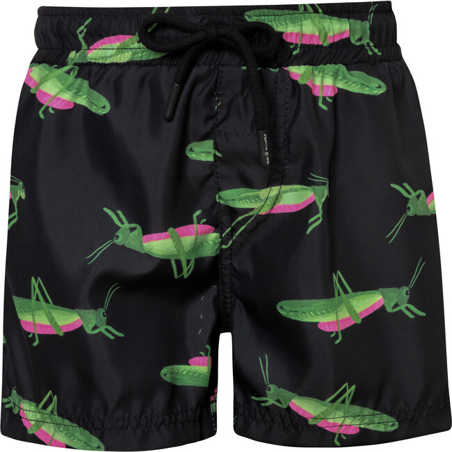 Boy's Mountain Print Elastic Waist Drawstring Swimshorts, Black