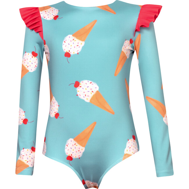 Wings Ice Cream Print Long Sleeve Shoulder Ruffle One-Piece Swimsuit, Blue