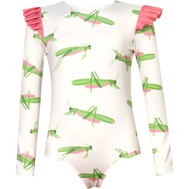 Wings Mountain Print Long Sleeve Shoulder Ruffle One-Piece Swimsuit, White