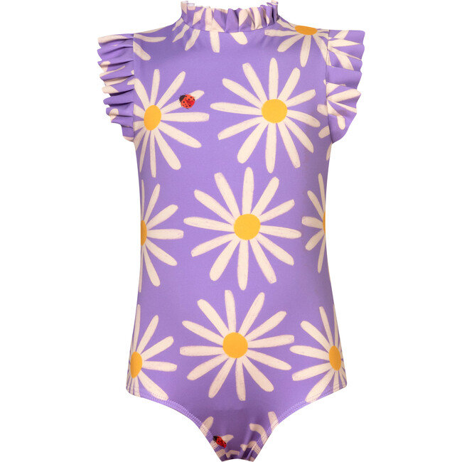 Alisson Daisy Bug Print Short Sleeve One-Piece Swimsuit, Purple