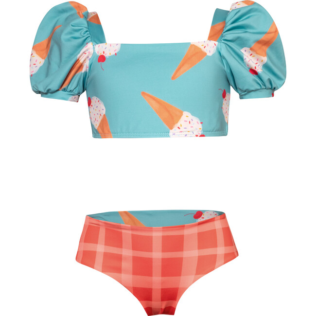 Bubble Ice Cream Print Short Puff Sleeve & Reversible Bottom 2-Piece Bikini, Blue