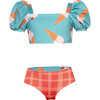 Bubble Ice Cream Print Short Puff Sleeve & Reversible Bottom 2-Piece Bikini, Blue - Two Pieces - 1 - thumbnail