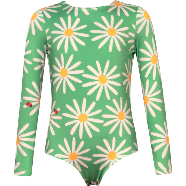 Sun Daisy Bug Print Long Sleeve One-Piece Swimsuit, Green