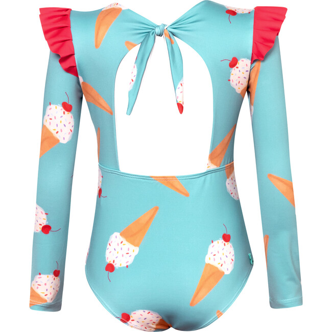 Wings Ice Cream Print Long Sleeve Shoulder Ruffle One-Piece Swimsuit, Blue - One Pieces - 2