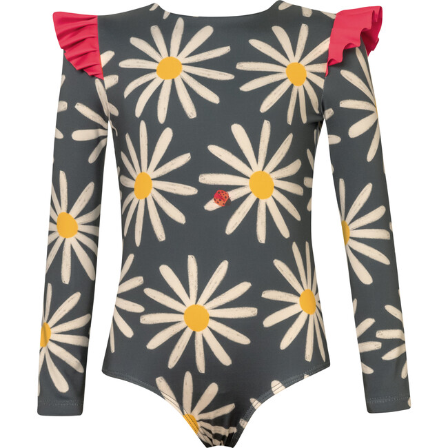 Wings Daisy Bug Print Ruffle Long Sleeve One-Piece Swimsuit, Grey