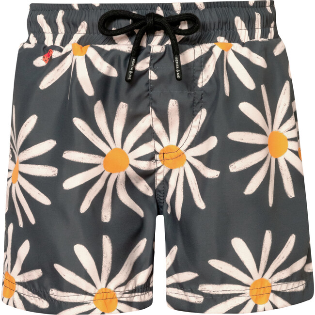 Daisy Bug Print Elastic Waist Drawstring Swimshorts, Grey