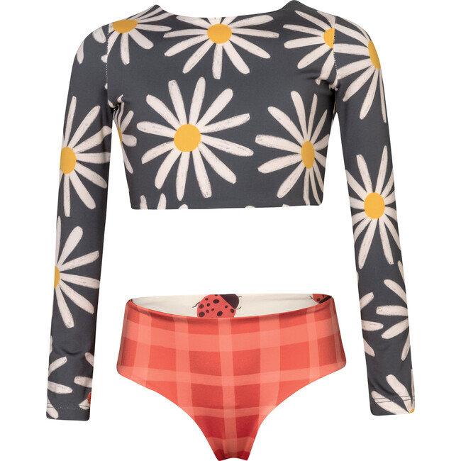 Sun Daisy Bug Print Long Sleeve Top & Reversible Bottom Bikini, Grey