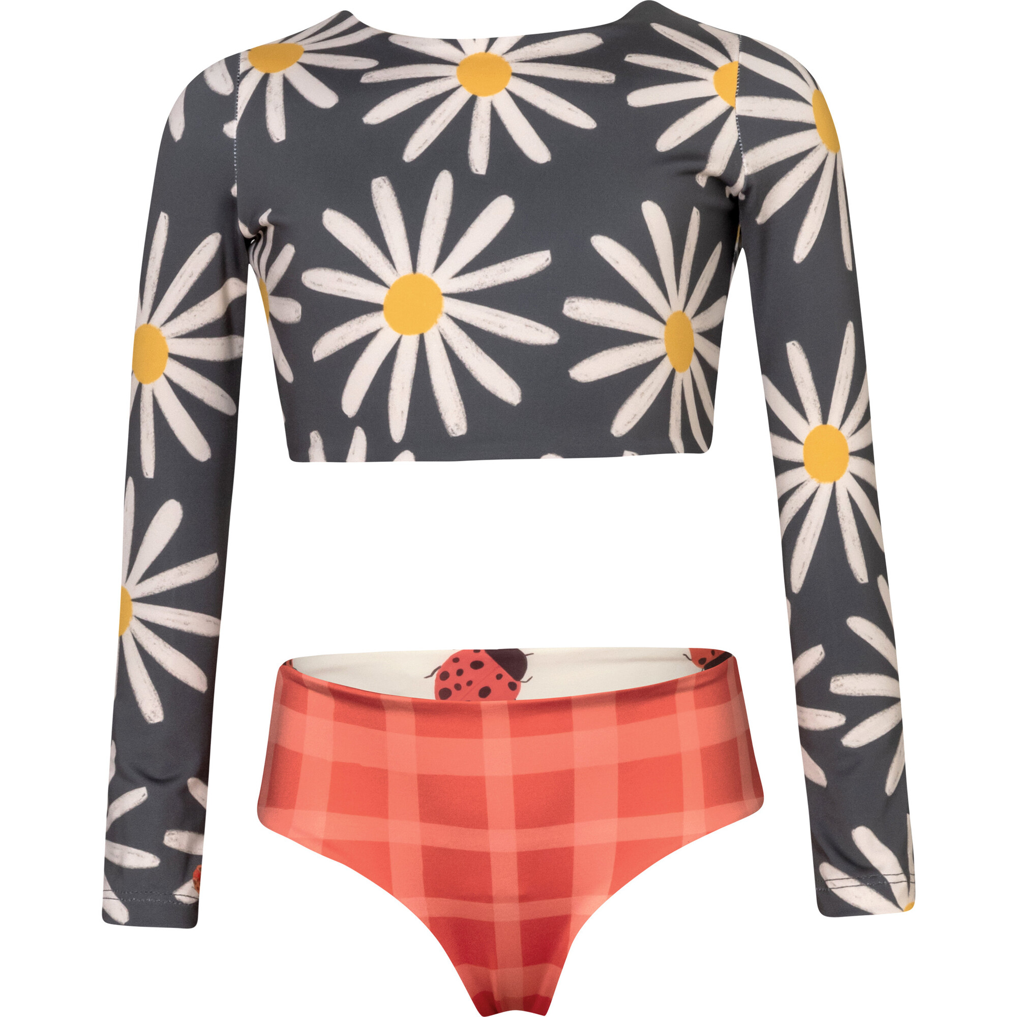 Sun Daisy Bug Print Long Sleeve Top & Reversible Bottom Bikini, Grey - Two Pieces - 1