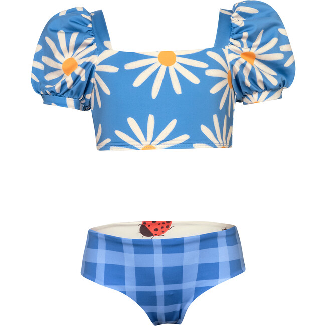 Bubble Daisy Bug Print Puff Sleeve Top & Reversible Bottom Bikini, Blue