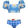 Bubble Daisy Bug Print Puff Sleeve Top & Reversible Bottom Bikini, Blue - Two Pieces - 1 - thumbnail