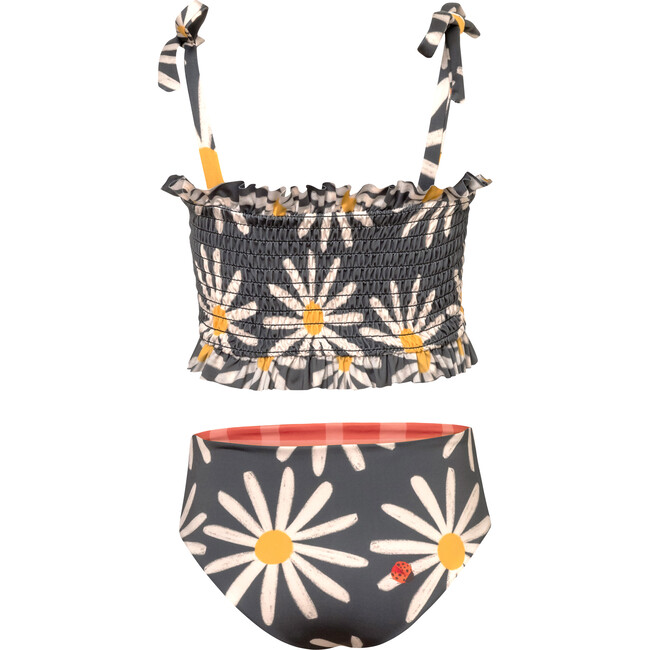 Waffle Daisy Bug Print Ruched Top & Reversible Bottom Bikini, Grey - Two Pieces - 3