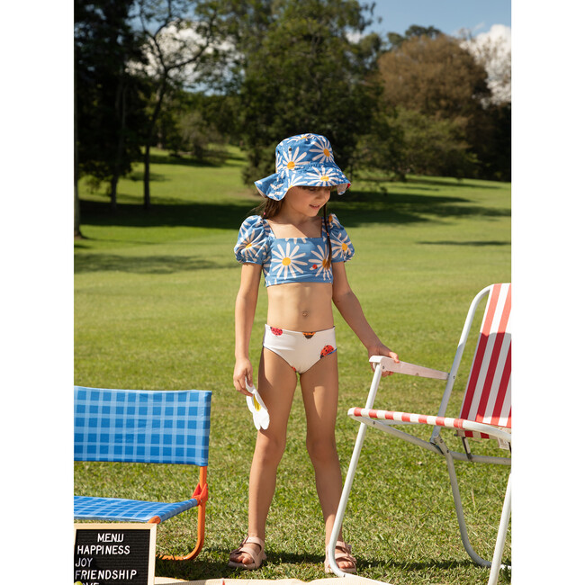 Bubble Daisy Bug Print Puff Sleeve Top & Reversible Bottom Bikini, Blue - Two Pieces - 2