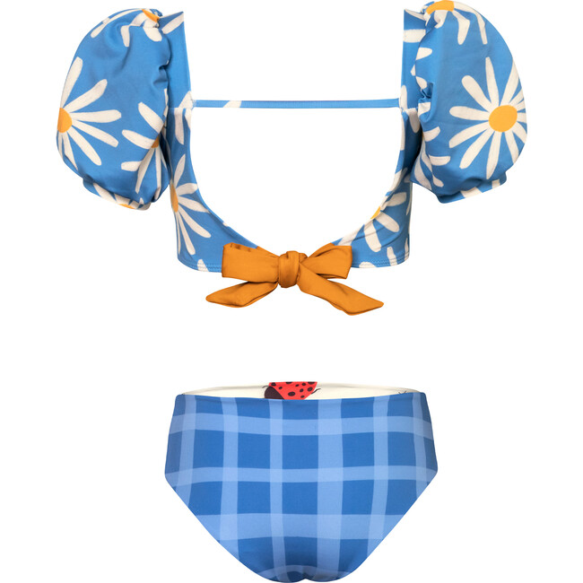 Bubble Daisy Bug Print Puff Sleeve Top & Reversible Bottom Bikini, Blue - Two Pieces - 3