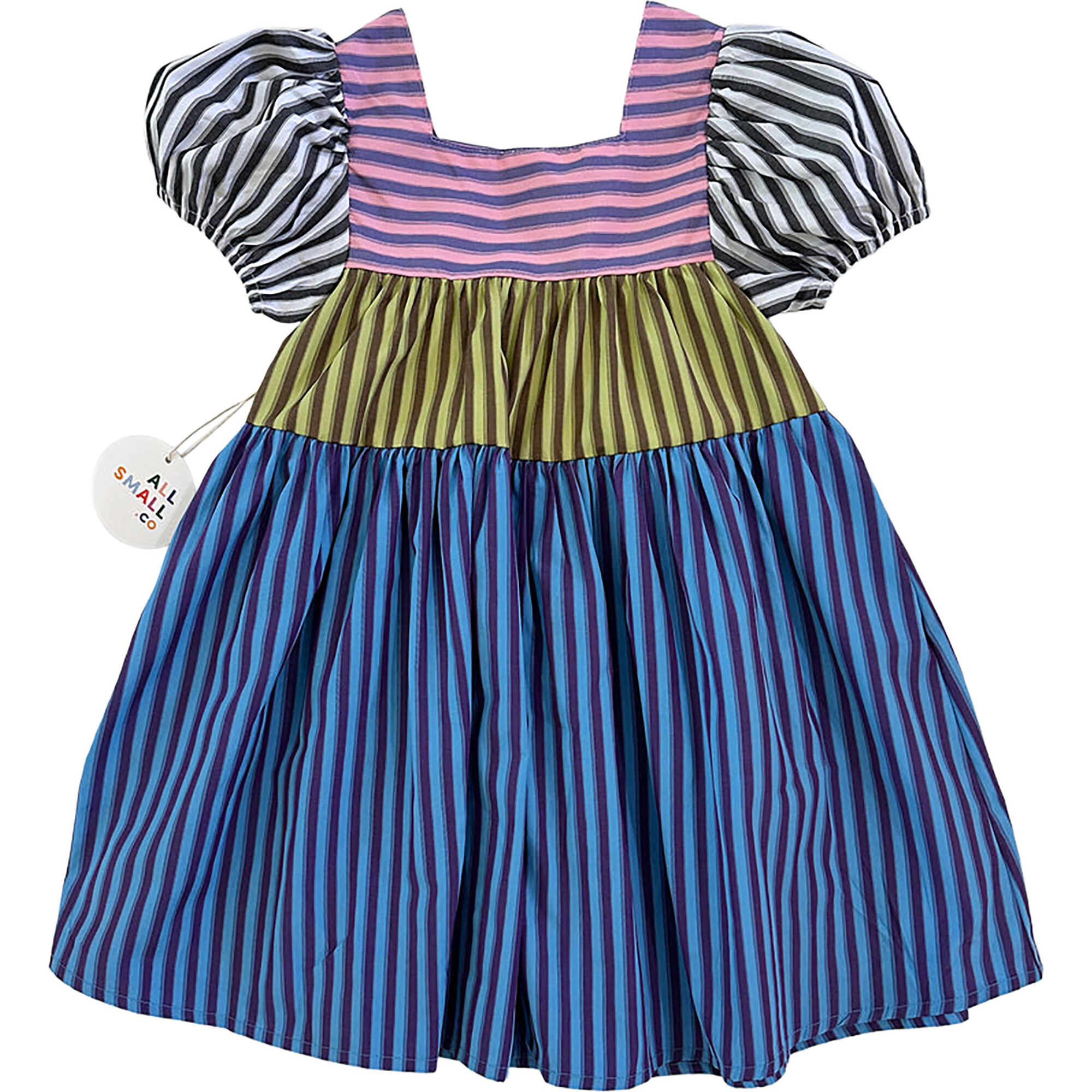 Pencil Striped Puff Sleeve Tiered Dress, Multicolors - Dresses - 1